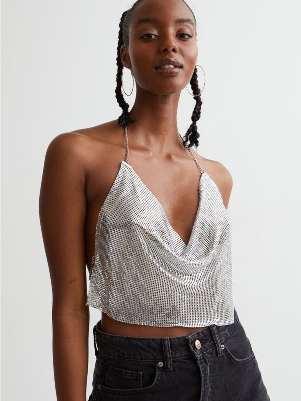 H&M DIVIDED Silver Chainmail Cowl Neck Crop Top